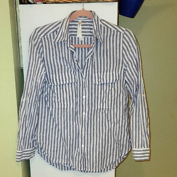 Aritzia Babaton Utility Gray and White Striped Linen Shirt XS - Picture 1 of 5